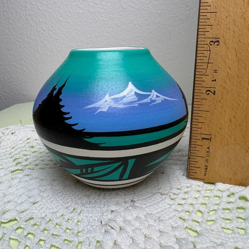 Teal Pottery Vase Southwestern Desert Hand Painted Ceramic